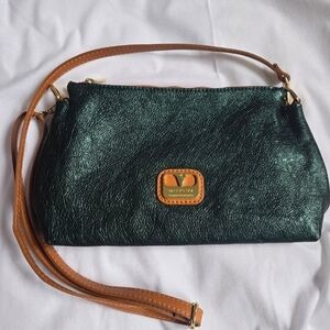 VALENTINA ITALIA Dark Green Metallic Leather Triple Entry Crossbody Bag